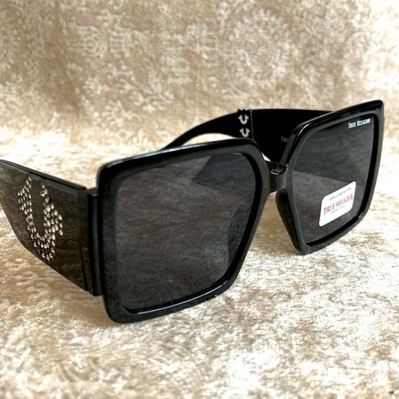 Brand New True Religion Oversized Black Square Sunglasses w/ Rhinestone Logo - Picture 12 of 16
